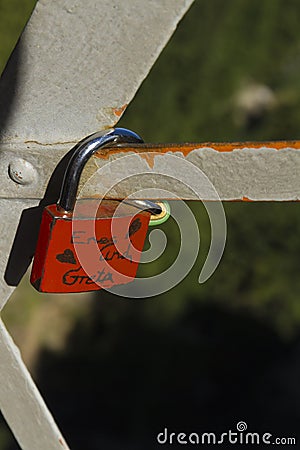 Love lock padlock red on Maryâ€™s Bridge, neuschwanstein. Stock Photo